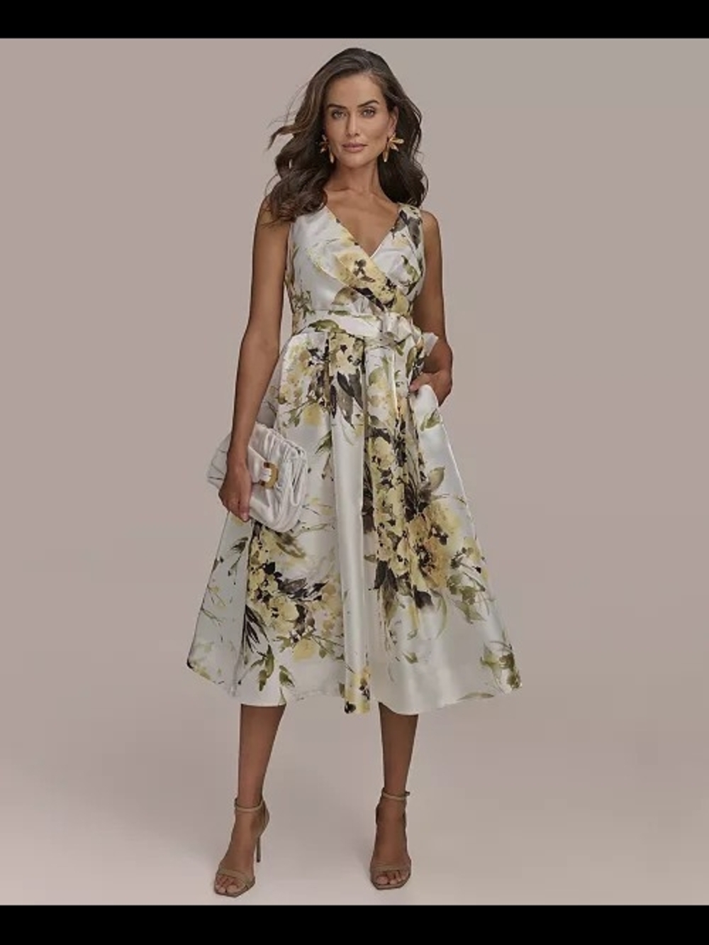 Donna Karan Yellow and Cream Floral Wrap Midi Dress